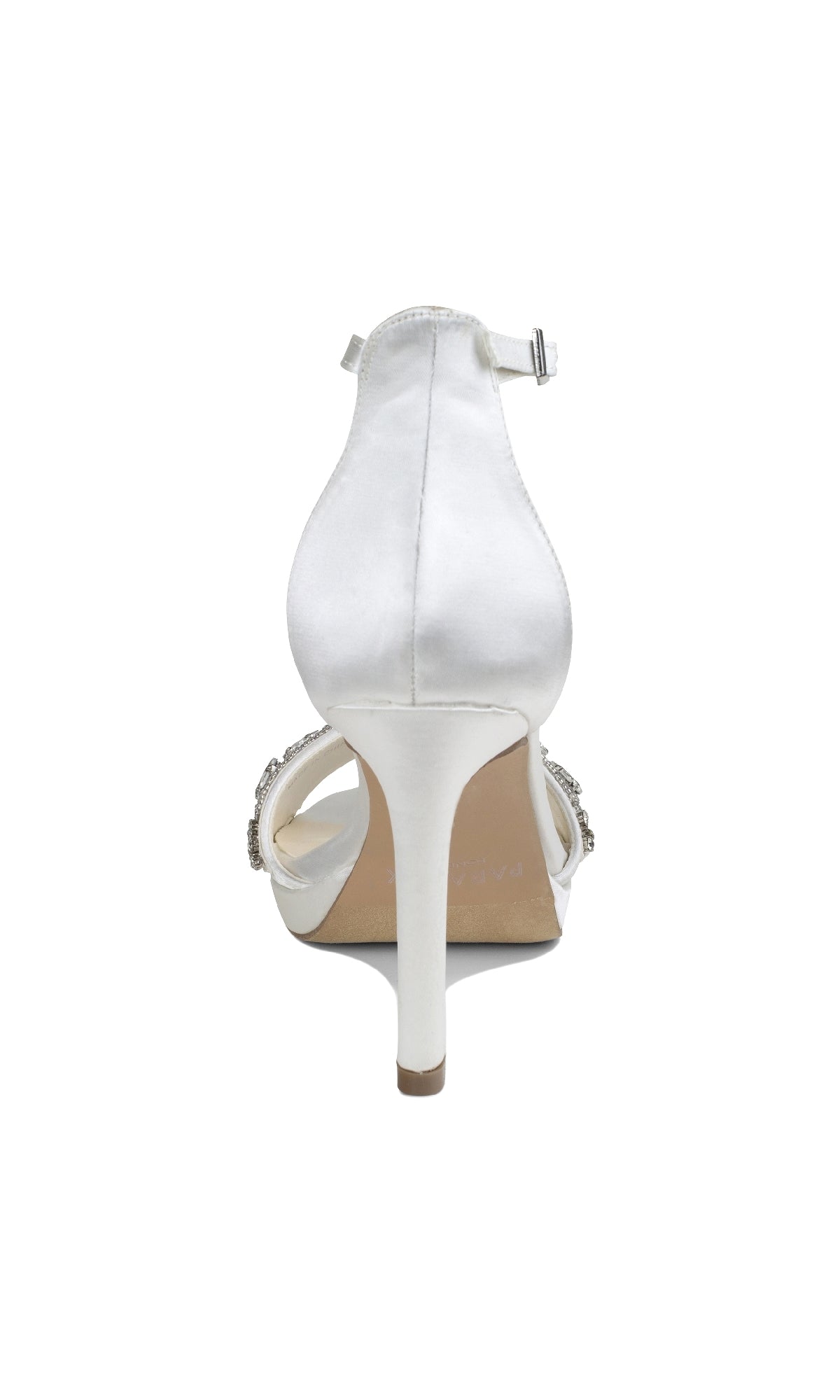 Back view of the Enya Ivory Satin Prom Shoes by Paradox London (P2203), featuring an ankle strap and side embellishments, photographed on a white background.